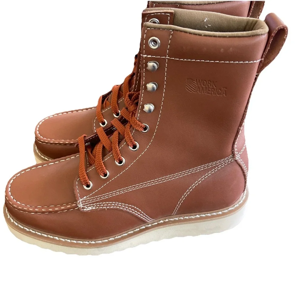 Work America Mens Brown Leather Moc Toe Work Boots Oil Resistant Size 13 EEE